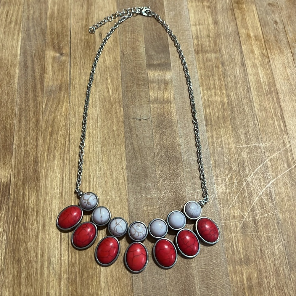 Paparazzi Silver Necklace with Red & Beige Natural Stones, Bib Style, 60’s vibe